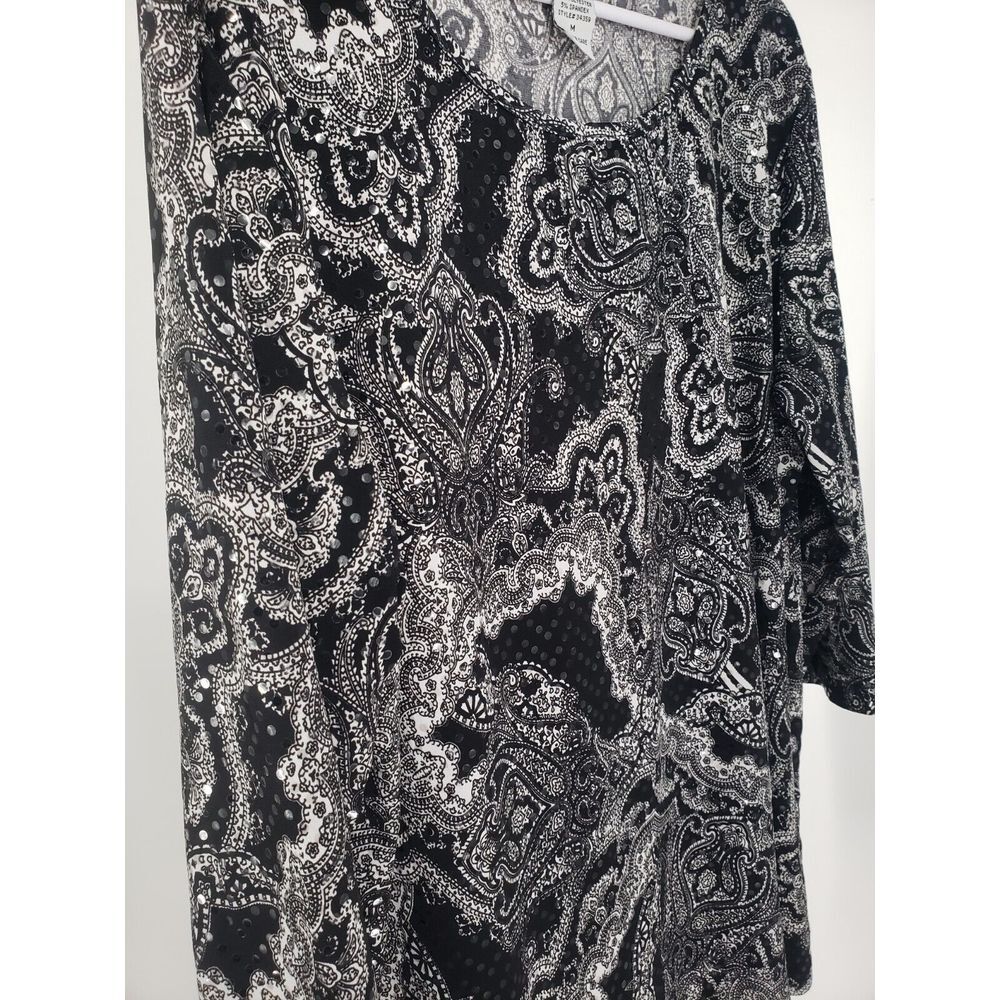 Bon Worth Women's Top Black & White Paisley Top‎ Size M 3/4 Sleeves Blouse Top